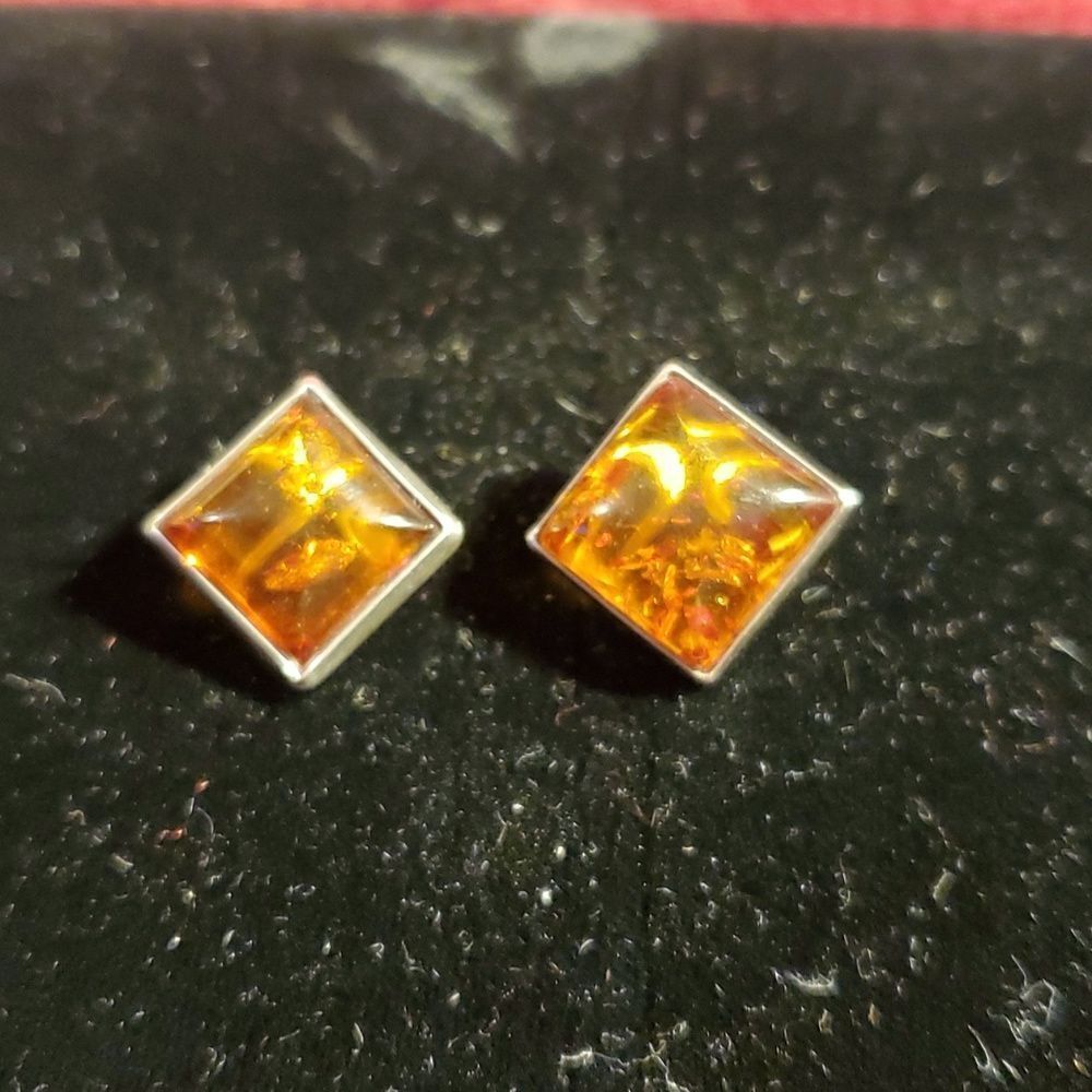 Antique STERLING Silver 925‎ Baltic Amber Clip-On Earrings Signed DF